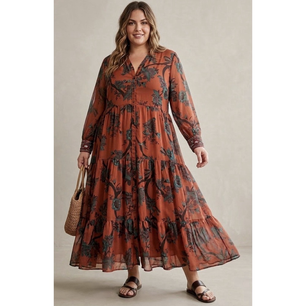 Soft Surroundings Red Floral Tiered Maxi Dress Embellished Cuff Size 3X No Slip